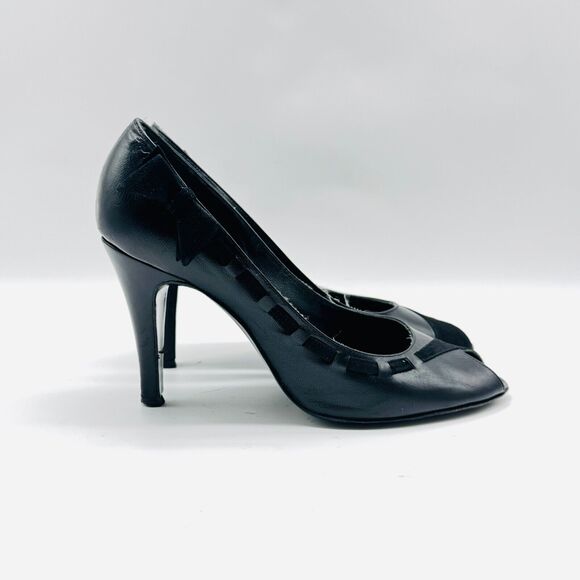 Marc Jacobs Shoes Womens 7.5 Black Velvet Patent Leather Heels Bow Peep Toe Pump - Picture 4 of 13